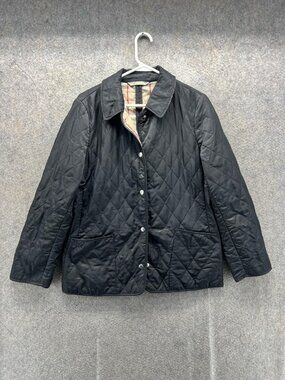 Burberry Jacket Womens Small Black Quilted Snap Front Nova Check Lined Classic